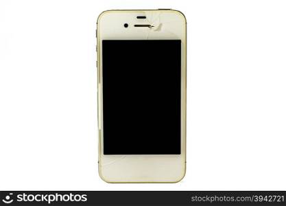 Modern smartphone with broken screen isolated on white background.