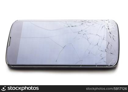 modern smartphone with cracked screen in one corner, isolated on white background