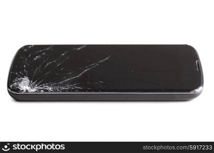 modern smartphone with cracked screen in one corner, isolated on white background