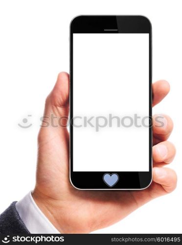modern smartphone with heart in male hand isolated on white background. modern smartphone in hand