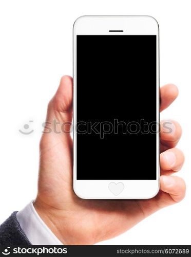 modern smartphone with heart in male hand isolated on white background. modern smartphone in hand