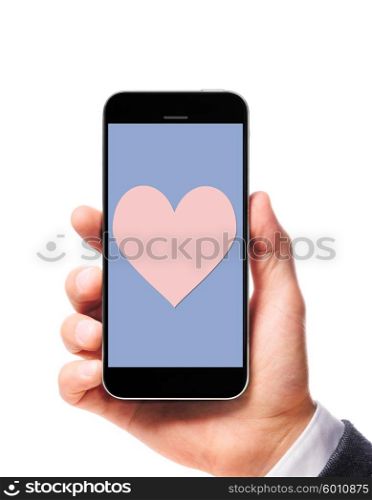 modern smartphone with heart symbol on the screen in male hand isolated on white background. modern smartphone in hand