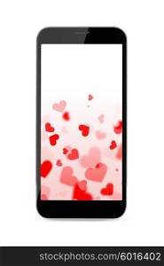 modern smartphone with hearts. modern smartphone with hearts on the screen isolated on white background