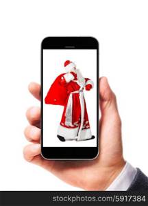 modern smartphone with santa claus on the screen in male hand isolated on white background. modern smartphone in hand