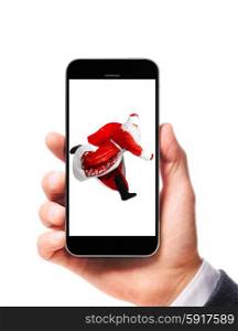 modern smartphone with santa claus on the screen in male hand isolated on white background