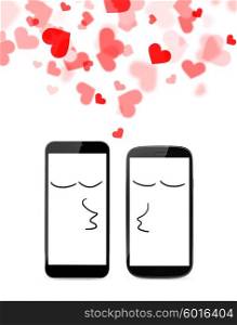 modern smartphones are kissing . modern smartphones are kissing with hearts isolated on white background