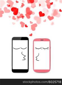 modern smartphones are kissing . modern smartphones are kissing with hearts isolated on white background