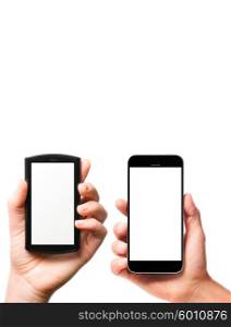 modern smartphones with blank screens in male and female hands isolated on white background. modern smartphones in hands