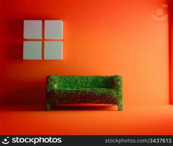 Modern sofa covered with bright green grass. Healthy lifestyle concept. (3d rendered. )