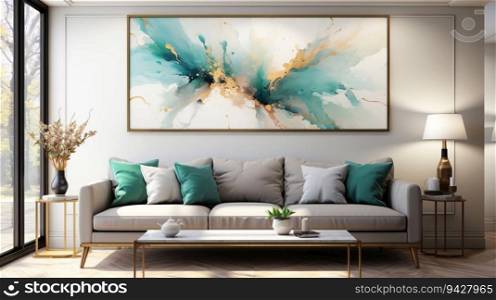 Modern sofa in the room and a large abstract painting on the wall, generative ai.
