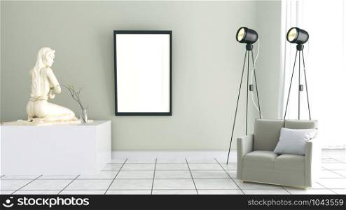 modern sofa living room with statue and empty grey wall background. 3D rendering