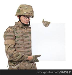 Modern soldier holding a poster isolarted on white
