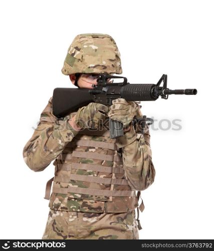 Modern soldier with rifle isolated on a white background
