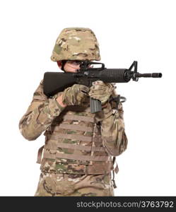 Modern soldier with rifle isolated on a white background