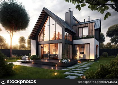 modern spacious comfortable house with lawn and cozy backyard, created with generative ai. modern spacious comfortable house with lawn and cozy backyard