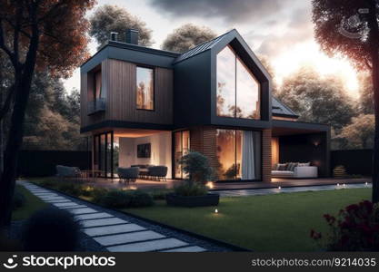 modern spacious comfortable house with lawn and cozy backyard, created with generative ai. modern spacious comfortable house with lawn and cozy backyard