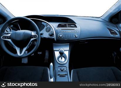 Modern sport car interior toned in blue