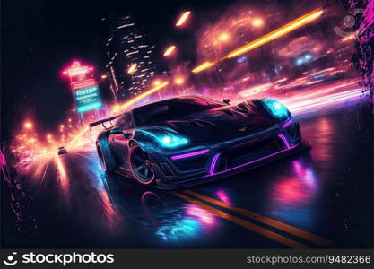 Modern sport car racing in the night at city streets with neon lights streaking by. created by AI 