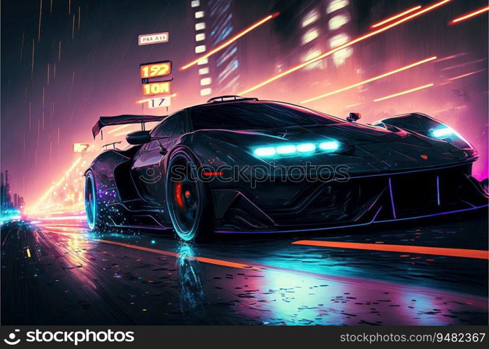 Modern sport car racing in the night at city streets with neon lights streaking by. created by AI 