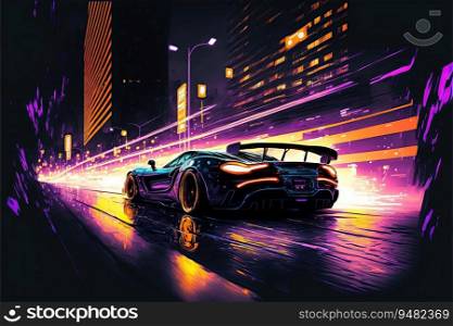 Modern sport car racing in the night at city streets with neon lights streaking by. created by AI 