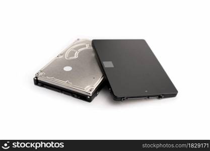 Modern SSD and old HDD Hard disk drive isolated on white background. Computer hardware data storage
