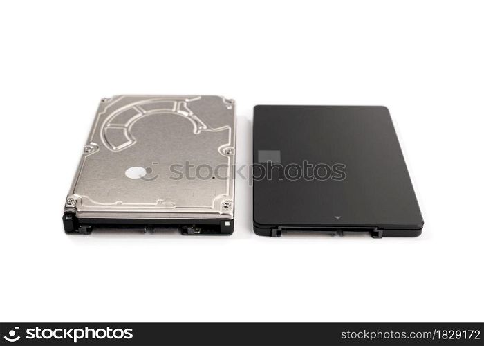 Modern SSD and old HDD Hard disk drive isolated on white background. Computer hardware data storage