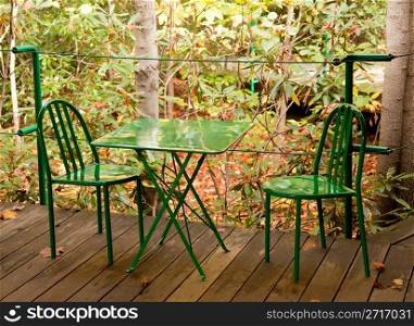Modern steel table and chair in woodland setting