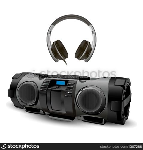 Modern Stereo Recorder Boombox with Head Phone Set. 3d Vector Mockup of Black Earphone and Electronic Hifi Audio. Headphone Illusdtrationwith Stereo Station isolated on White Background. Modern Stereo Recorder Boombox with Head Phone Set