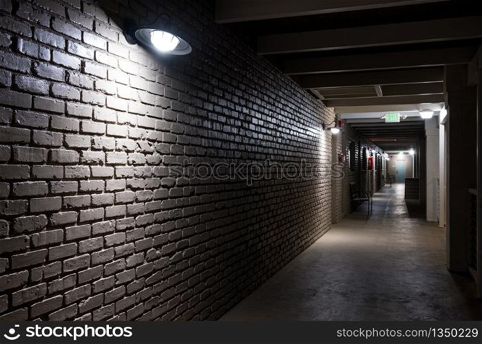 Modern structure corridor in hotel at night