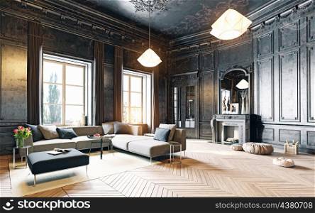 modern style black living room apartment. 3d rendering