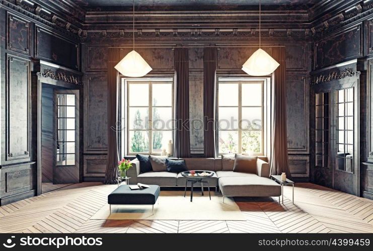 modern style black living room apartment. 3d rendering