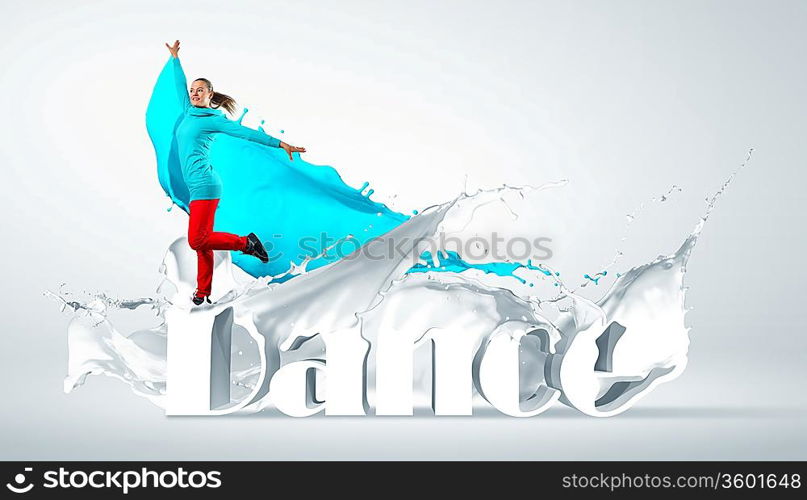 Modern style dancer jumping and the word Dance. Illustration