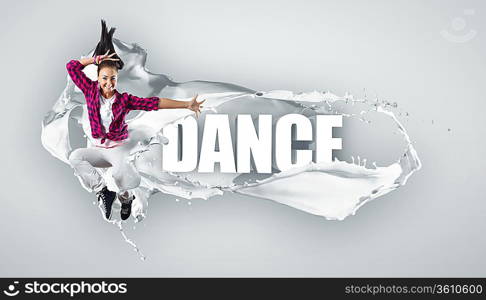 Modern style dancer jumping and the word Dance. Illustration