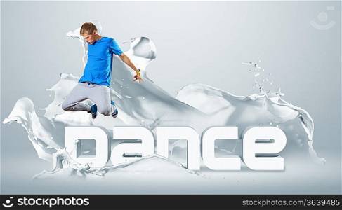 Modern style dancer jumping and the word Dance. Illustration