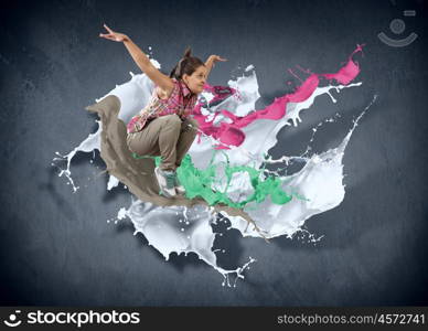 Modern style dancer. Modern style dancer jumping and paint splashes Illustration