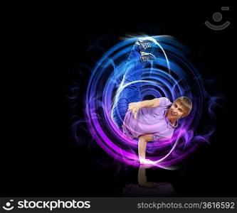 Modern style dancer posing against dark background with light effects. Illustration