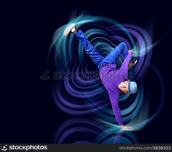 Modern style dancer posing against dark background with light effects. Illustration