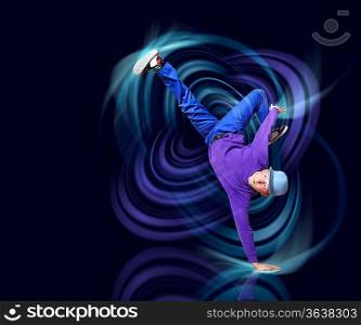 Modern style dancer posing against dark background with light effects. Illustration