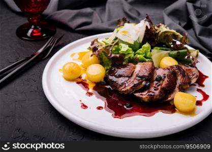 Modern style gourmet duck breast filet with salad and cranberry relish offered