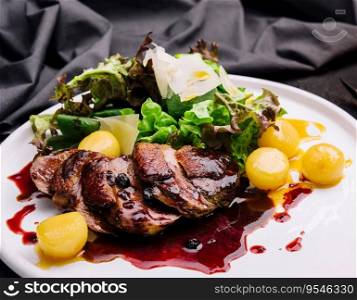 Modern style gourmet duck breast filet with salad and cranberry relish offered