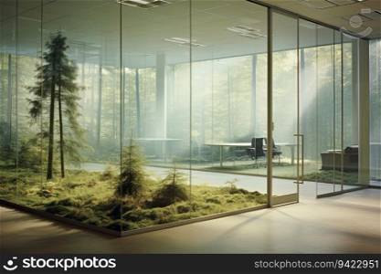 Modern style office interior with glass walls and doors. Plant decorations inside. Green forest outside. Office room in modern house. Business open space. Interior design concept. Corporate workplace