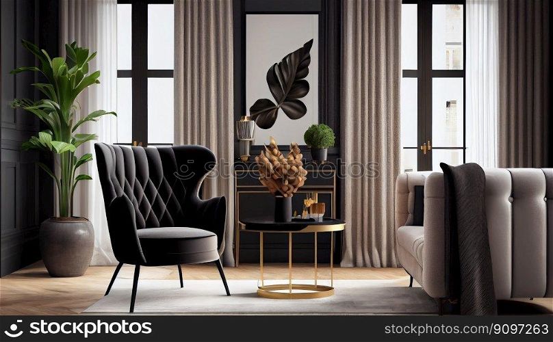 Modern stylish interior design with armchair sofa furniture in living room at home, lifestyle living room design, empty nobody, 3D render illustration by Generative AI