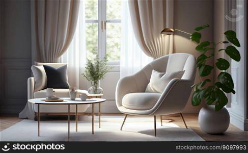 Modern stylish interior design with armchair sofa furniture in living room at home, lifestyle living room design, empty nobody, 3D render illustration by Generative AI