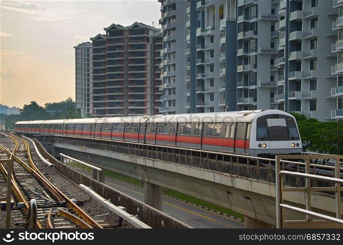 Modern subway train on a railroad in Sinapore