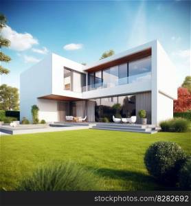 Modern sunny house. With green grass. Generate Ai. Modern sunny house. Generate Ai