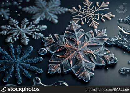 Modern Surreal Decorative Snowflakes Close Up High Detailed Generative AI. Modern Surreal Snowflakes Close Up. Generative AI
