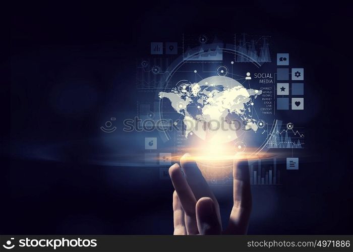 Modern technologies for business. Close of businesswoman hand touching with finger business strategy concept