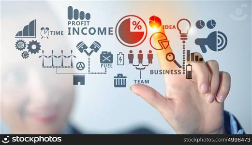 Modern technologies for business. Close up of businesswoman hand pressing icon of digital business strategy