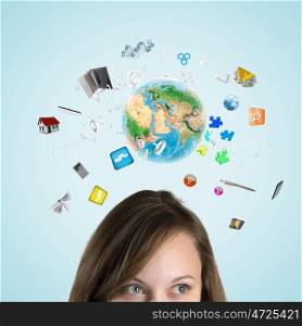 Modern technologies. Half of face of businesswoman with business items above head. Elements of this image are furnished by NASA