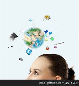 Modern technologies. Half of face of businesswoman with business items above head. Elements of this image are furnished by NASA